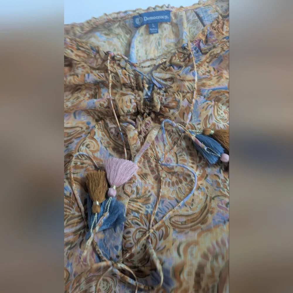 Democracy Womens Yellow Brown Paisley Sheer Peasant Top + Blouse Size L $88 EUC - Picture 7 of 13